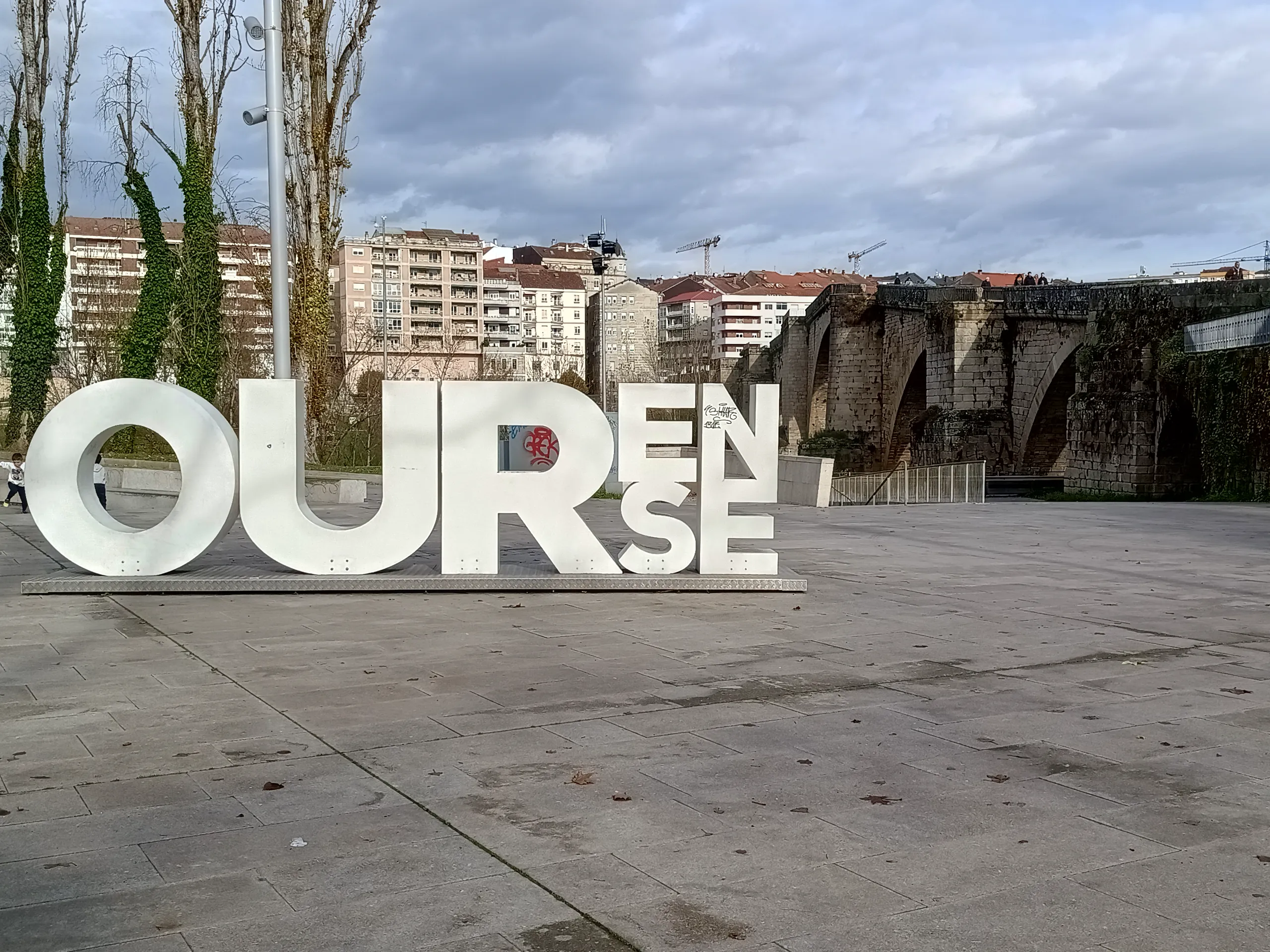 Ourense city sign near the historic riverside